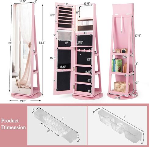 LOKO 360° Swivel Jewelry Cabinet, Lockable Jewelry Organizer with Rear Storage Shelves, Standing Jewelry Armoire with Full-Length Mirror & 3-Color LED Lights, for Girls Women, Bedroom (White) in Kuwait