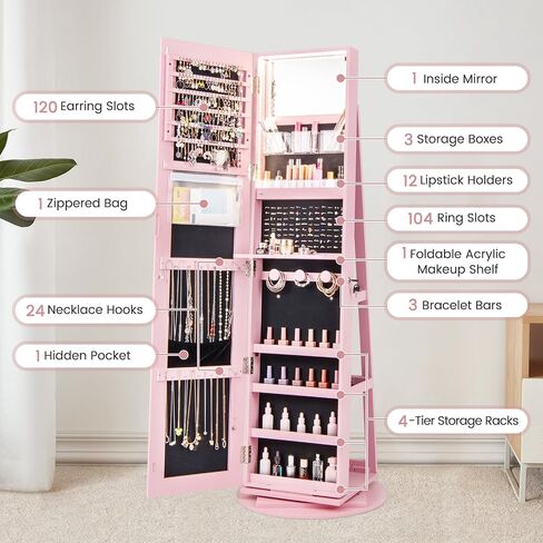 LOKO 360° Swivel Jewelry Cabinet, Lockable Jewelry Organizer with Rear Storage Shelves, Standing Jewelry Armoire with Full-Length Mirror & 3-Color LED Lights, for Girls Women, Bedroom (White) in Kuwait