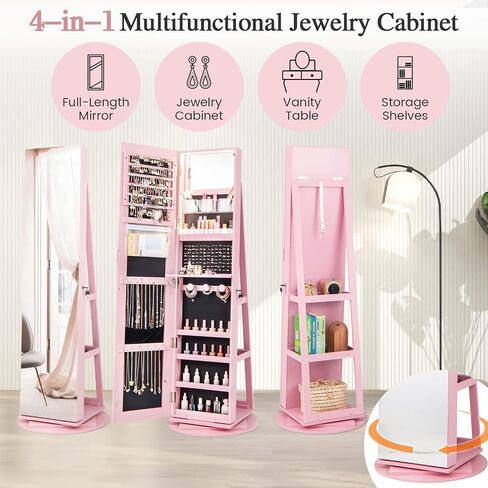 LOKO 360° Swivel Jewelry Cabinet, Lockable Jewelry Organizer with Rear Storage Shelves, Standing Jewelry Armoire with Full-Length Mirror & 3-Color LED Lights, for Girls Women, Bedroom (White) in Kuwait