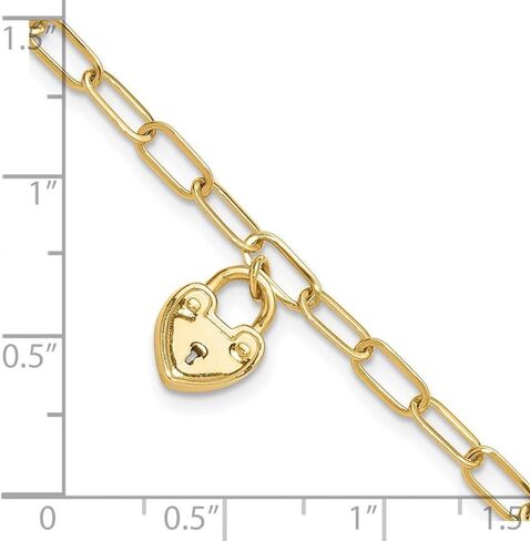 14K الذهب الأصفر مصقول قفل القلب سحر paperclip سلسلة ارتباط سوار 7.5 " in Saudi Arabia