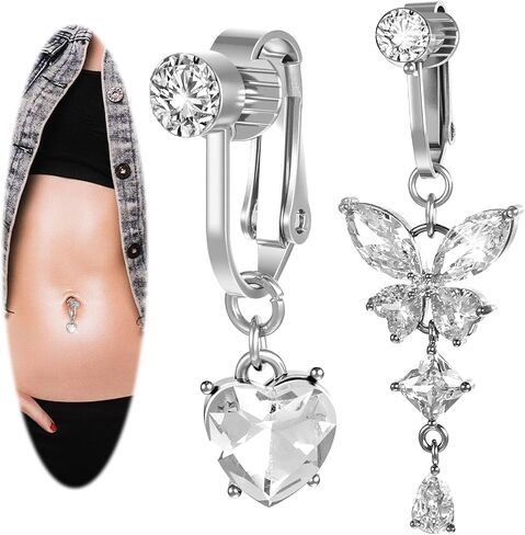 2 Pcs Clip On Fake Belly Button Piercing for Women, Butterfly and Heart Shaped Non-Piercing Silver Fake Belly Button Ring Jewelry for Women in Saudi Arabia