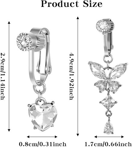 2 Pcs Clip On Fake Belly Button Piercing for Women, Butterfly and Heart Shaped Non-Piercing Silver Fake Belly Button Ring Jewelry for Women in Saudi Arabia