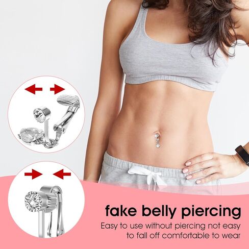 2 Pcs Clip On Fake Belly Button Piercing for Women, Butterfly and Heart Shaped Non-Piercing Silver Fake Belly Button Ring Jewelry for Women in Saudi Arabia