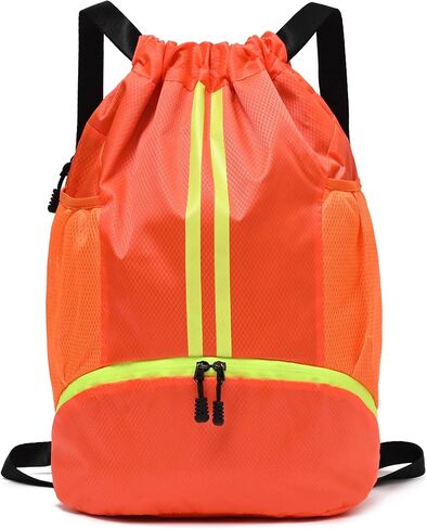 Black Drawstring Gym Bag for Men, Waterproof Drawstring Backpack for Women, Swim Bag with Shoes Compartment, Pull String Sport Bag for Soccer and Basketball. in Saudi Arabia