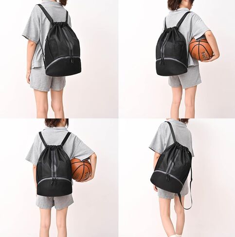 Black Drawstring Gym Bag for Men, Waterproof Drawstring Backpack for Women, Swim Bag with Shoes Compartment, Pull String Sport Bag for Soccer and Basketball. in Saudi Arabia