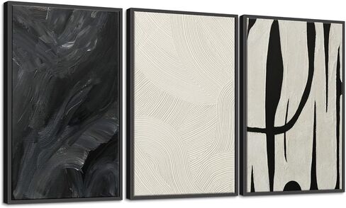 Pigort Abstract Wall Art for Living Room, Black and White Large Framed Canvas 3D Textured Modern Minimalist Art Work Painting for Bedroom Guest Room Hallway Home Office 24"x36" Set of 3 in Saudi Arabia