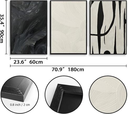 Pigort Abstract Wall Art for Living Room, Black and White Large Framed Canvas 3D Textured Modern Minimalist Art Work Painting for Bedroom Guest Room Hallway Home Office 24"x36" Set of 3 in Saudi Arabia