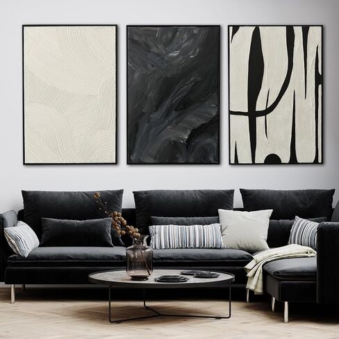 Pigort Abstract Wall Art for Living Room, Black and White Large Framed Canvas 3D Textured Modern Minimalist Art Work Painting for Bedroom Guest Room Hallway Home Office 24"x36" Set of 3 in Saudi Arabia