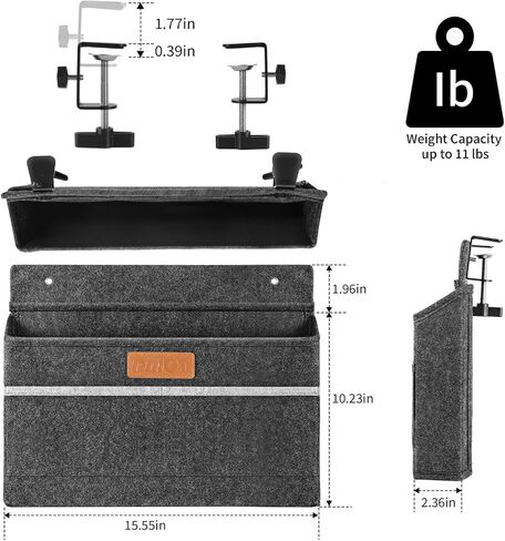 Under Desk Storage,Wall Mounted Storage Bag Organizer,Side Desk Organizer,Hanging Standing Desk Accessories,2 swivelling hooks,Three Pocket Design Gray Dirty Resistant Felt in Saudi Arabia