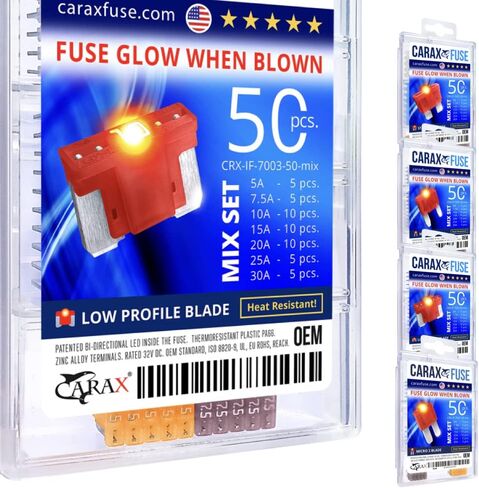 CARAX Glow Fuse – Premium Fuse Standard/Regular Blade ATC/ATO/ATS – 50 pcs. Assortment Kit – Glow When Blown LED Automotive Fuse – Smart Auto Glow Fuse Easy Identification – Mix 50 pcs. in Saudi Arabia