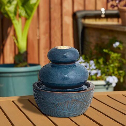 Glitzhome Indoor Outdoor Ceramic Jar Water Fountain with LED Light, Mini Turquoise Leaf Textured Tabletop Clay Pot Water Fountain, Decorative Zen Meditation Table Waterfall for Home Office, 9.25"H in Saudi Arabia