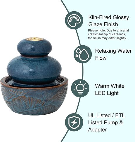 Glitzhome Indoor Outdoor Ceramic Jar Water Fountain with LED Light, Mini Turquoise Leaf Textured Tabletop Clay Pot Water Fountain, Decorative Zen Meditation Table Waterfall for Home Office, 9.25"H in Saudi Arabia