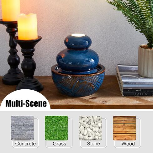 Glitzhome Indoor Outdoor Ceramic Jar Water Fountain with LED Light, Mini Turquoise Leaf Textured Tabletop Clay Pot Water Fountain, Decorative Zen Meditation Table Waterfall for Home Office, 9.25"H in Saudi Arabia