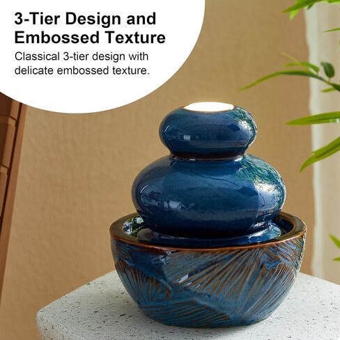 Glitzhome Indoor Outdoor Ceramic Jar Water Fountain with LED Light, Mini Turquoise Leaf Textured Tabletop Clay Pot Water Fountain, Decorative Zen Meditation Table Waterfall for Home Office, 9.25"H in Saudi Arabia