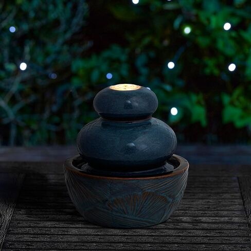 Glitzhome Indoor Outdoor Ceramic Jar Water Fountain with LED Light, Mini Turquoise Leaf Textured Tabletop Clay Pot Water Fountain, Decorative Zen Meditation Table Waterfall for Home Office, 9.25"H in Saudi Arabia