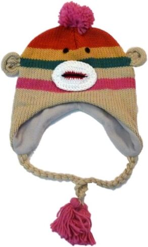Manhattan Hat Company Womens Pink Striped Sock Monkey Pom Trapper Hat in Kuwait