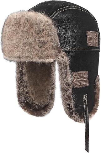 PENINSULA LOVE PU Leather Trapper Hat Faux Fur Trooper Cap Waterproof Ushanka Cossack Hat Winter Warm Hunting Cap Men Women in Saudi Arabia