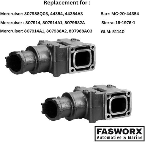FASWORX Mercruiser Set of 2 Exhaust Riser Elbows with Gaskets & Bolts - Replaces 8079882A, 807988Q03, 807914A1, 44354 - Fits V6 and V8 Mercruiser Engines from 1981 to 2002, 4" Wet Joint Elbow in Saudi Arabia