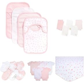 Burt's Bees Baby Bundle, Pink and White Organic Cotton Baby Bibs Set Pack of 4 + Burp Cloths Pack of 5 + Baby Socks 6 Pairs, Short Bodysuits Pack of 5 + Fitted Crib Sheet for Age 0-3 Months in Kuwait