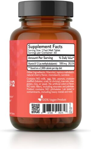 Methyl-B12 5000 for Optimal Energy Levels* - 60 Fast Melt Tablets - 100% Vegan Product - Made in New York in Saudi Arabia