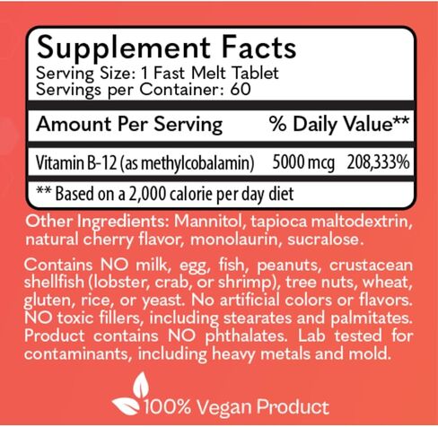 Methyl-B12 5000 for Optimal Energy Levels* - 60 Fast Melt Tablets - 100% Vegan Product - Made in New York in Saudi Arabia