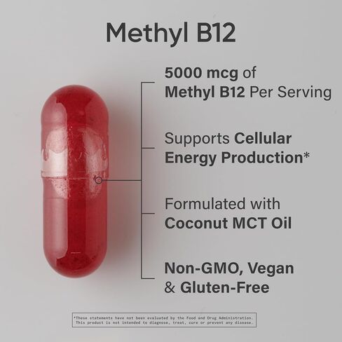 Sports Research® Vitamin B12 as Methylcobalamin 2000mcg - Plant Based B12 w/Coconut MCT Oil for Energy Metabolism Support - Vegan Certified · Non-GMO · Gluten Free - 120 Liquid Caps in Saudi Arabia