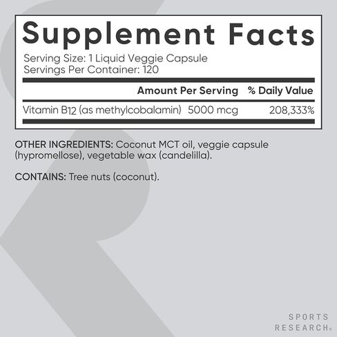 Sports Research® Vitamin B12 as Methylcobalamin 2000mcg - Plant Based B12 w/Coconut MCT Oil for Energy Metabolism Support - Vegan Certified · Non-GMO · Gluten Free - 120 Liquid Caps in Saudi Arabia