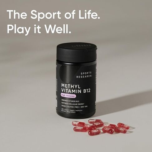 Sports Research® Vitamin B12 as Methylcobalamin 2000mcg - Plant Based B12 w/Coconut MCT Oil for Energy Metabolism Support - Vegan Certified · Non-GMO · Gluten Free - 120 Liquid Caps in Saudi Arabia