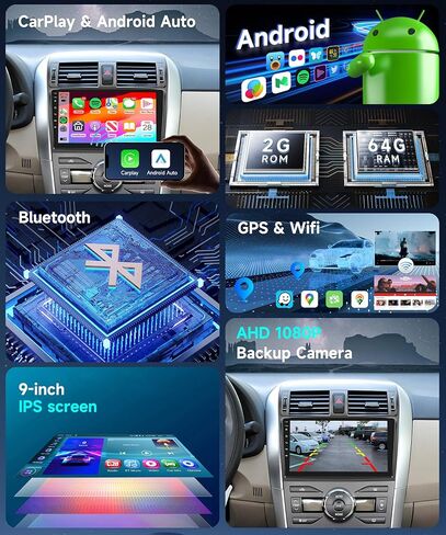 8 Core 8G+128G for Toyota Corolla 2009-2013 Android Car Stereo Radio with Wireless Apple CarPlay Android Auto Podofo 9 inch Touch Screen Bluetooth Car Radio with GPS WiFi/4G DSP in Kuwait
