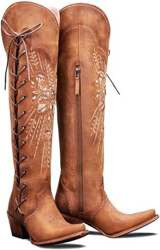 Cowboy Boots for Women Wide Calf Embroidered Western Cowgirl Boots Pointed Toe Over-The-Knee High Lace-Up Boots in Saudi Arabia