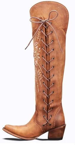 Cowboy Boots for Women Wide Calf Embroidered Western Cowgirl Boots Pointed Toe Over-The-Knee High Lace-Up Boots in Saudi Arabia