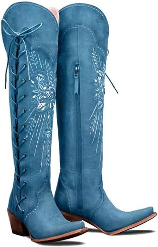 Cowboy Boots for Women Wide Calf Embroidered Western Cowgirl Boots Pointed Toe Over-The-Knee High Lace-Up Boots in Saudi Arabia