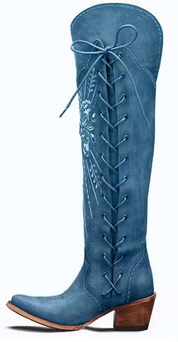 Cowboy Boots for Women Wide Calf Embroidered Western Cowgirl Boots Pointed Toe Over-The-Knee High Lace-Up Boots in Saudi Arabia