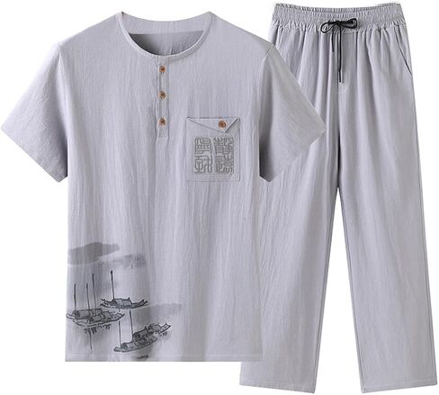 Men's Martial Arts Kung Fu Short Sleeve Shirt Tang Suit Tops,Tai Chi Uniform Tang Suit grey1-XL in Saudi Arabia
