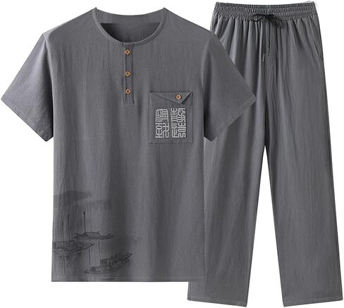 Men's Martial Arts Kung Fu Short Sleeve Shirt Tang Suit Tops,Tai Chi Uniform Tang Suit grey1-XL in Saudi Arabia