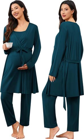 SWOMOG Maternity Nursing Robe Set 3 PCS Postpartum Pajamas Breastfeeding Pregnancy Robe & Camisole & Pants in Saudi Arabia