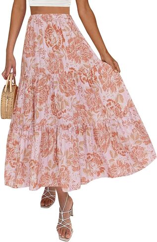 ZESICA Women's 2025 Summer Plaid Flower Elastic High Waist Flowy A Line Maxi Skirt with Pockets in Saudi Arabia