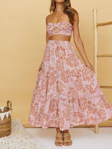 ZESICA Women's 2025 Summer Plaid Flower Elastic High Waist Flowy A Line Maxi Skirt with Pockets in Saudi Arabia