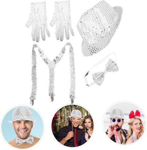 Galpada متألقة الترتر Fedora Hat Bow Tie و Glitter Gloves لحفلات حفلات الديسكو وأحداث الجاز ملحقًا أنيقًا للرجال والنساء in Kuwait