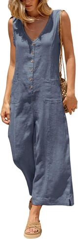 Yeokou Women Button Down Jumpsuits Cotton Linen Sleeveless Casual Wide Legs Rompers Loose Overall with Pockets in Saudi Arabia