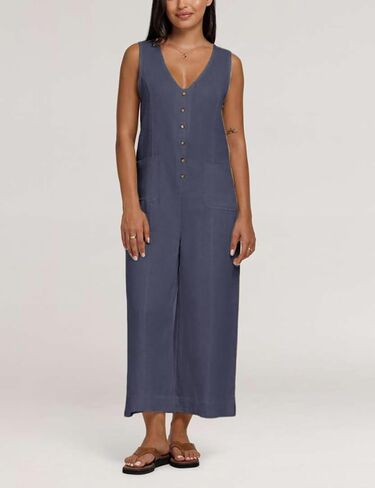 Yeokou Women Button Down Jumpsuits Cotton Linen Sleeveless Casual Wide Legs Rompers Loose Overall with Pockets in Saudi Arabia