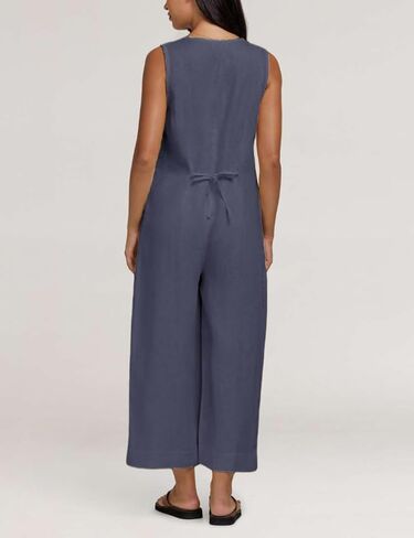 Yeokou Women Button Down Jumpsuits Cotton Linen Sleeveless Casual Wide Legs Rompers Loose Overall with Pockets in Saudi Arabia