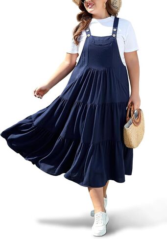 Moon Wood Plus Size Bib Overall Dress for Women Jumper Dress with Pockets Summer Casual Suspender Straps Tiered Maxi Dress in Saudi Arabia
