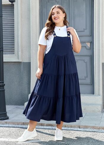Moon Wood Plus Size Bib Overall Dress for Women Jumper Dress with Pockets Summer Casual Suspender Straps Tiered Maxi Dress in Saudi Arabia