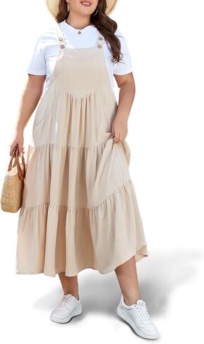 Moon Wood Plus Size Bib Overall Dress for Women Jumper Dress with Pockets Summer Casual Suspender Straps Tiered Maxi Dress in Saudi Arabia