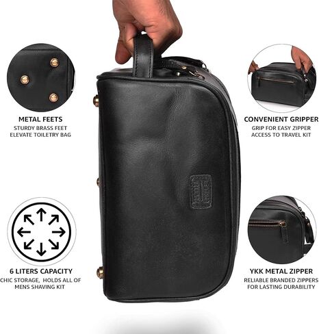 LEATHER VILLAGE Premium Leather Toiletry Travel Pouch With Waterproof Lining - Brown | King-Size Handcrafted Vintage Dopp Kit Bag in Kuwait