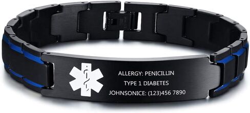 MEALGUET Custom Engraving Stainless Steel 2-Tone Blue and Black Brushed Medical Alert Link Wristband ID Bracelet for Men in Saudi Arabia