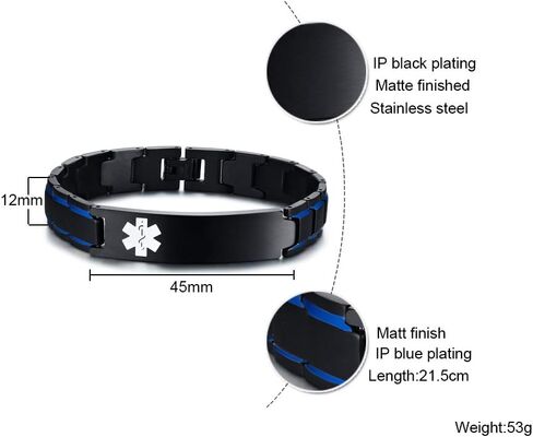 MEALGUET Custom Engraving Stainless Steel 2-Tone Blue and Black Brushed Medical Alert Link Wristband ID Bracelet for Men in Saudi Arabia