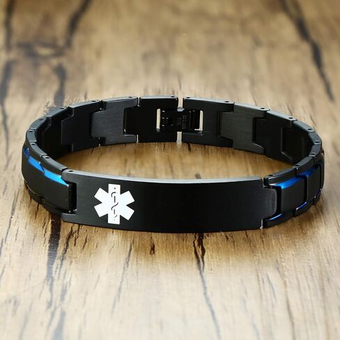 MEALGUET Custom Engraving Stainless Steel 2-Tone Blue and Black Brushed Medical Alert Link Wristband ID Bracelet for Men in Saudi Arabia