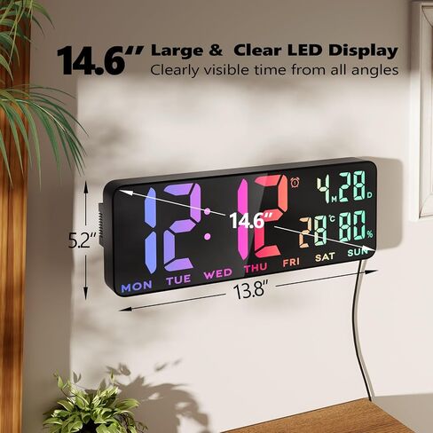 13.8 Inch Large Digital Wall Clock,Led Digital Clock Large Display with Temperature,Humidity Alarm,for Classroom,Living Room,Bedroom,Office,Home,Gym,Ideal for Seniors in Saudi Arabia